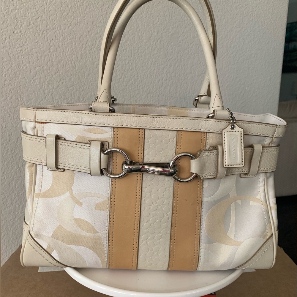 Coach Hampton Optic Signature Stripe Medium Satchel with Hang Tag.